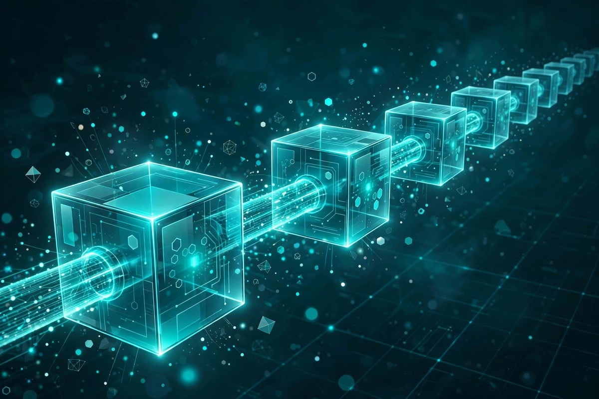 Illustration of a blockchain: glowing blocks linked in a chain