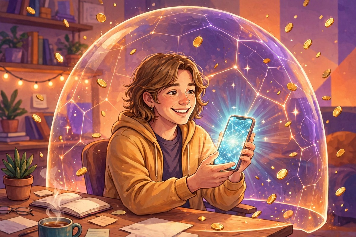 Illustration of a person safely holding crypto on a smartphone protected by a shield