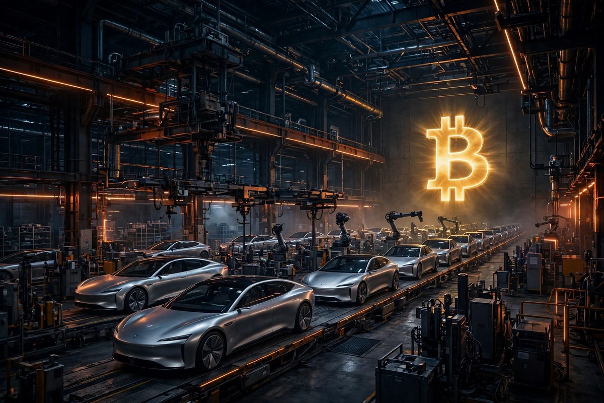 Electric car factory with glowing Bitcoin