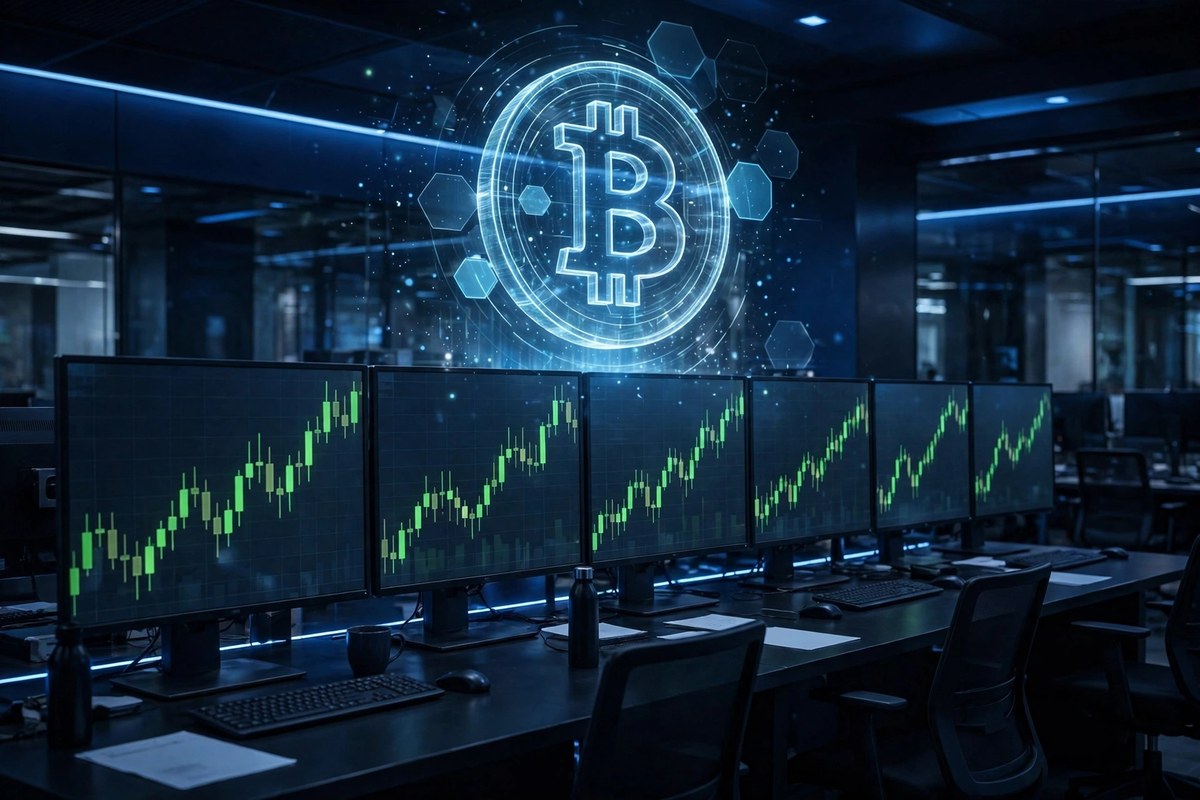 Trading monitors with rising charts — crypto market reaction to the Senate crypto bill