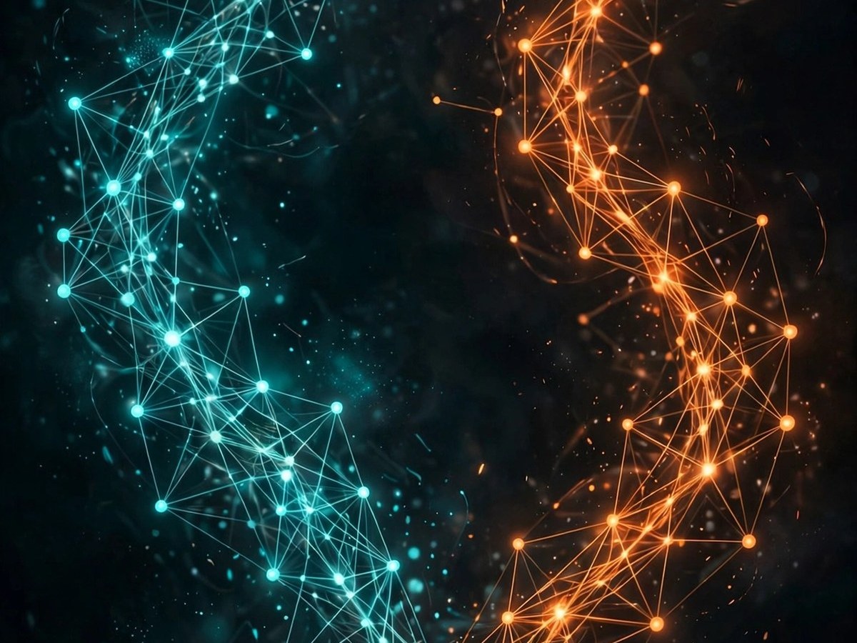 Conceptual art of a blockchain network splitting into two diverging paths