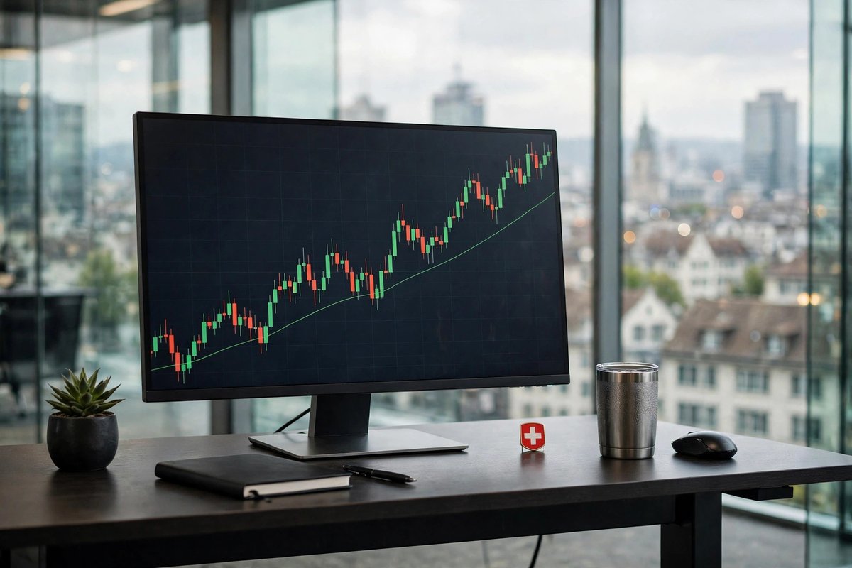 Trading terminal showing Bitcoin price chart for the Swiss BBIT spot Bitcoin ETF