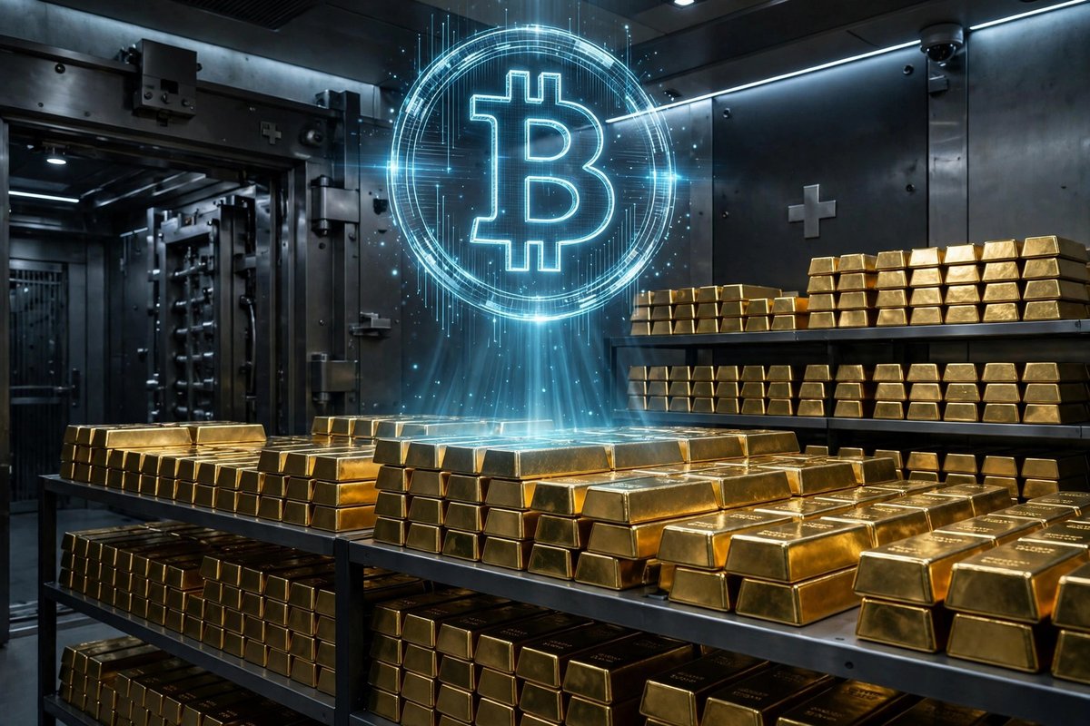 Swiss bank vault with gold bars and Bitcoin hologram representing BBIT fund custody