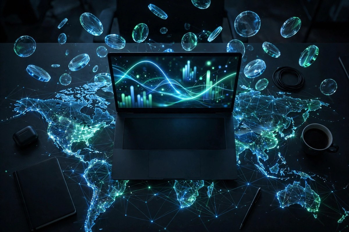 Corporate finance desk with digital coins representing enterprise blockchain payments
