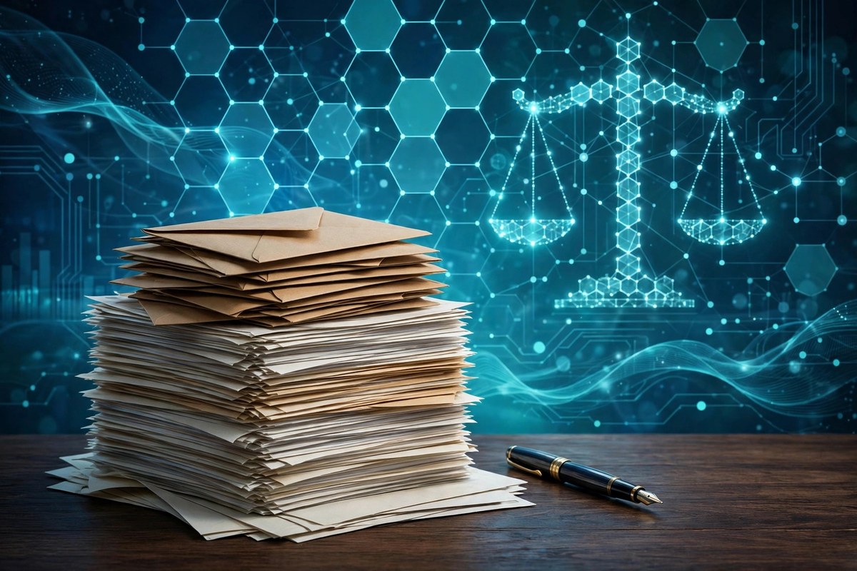 Stack of official comment letters with blockchain motifs illustrating the SEC Regulation Crypto Assets comment process