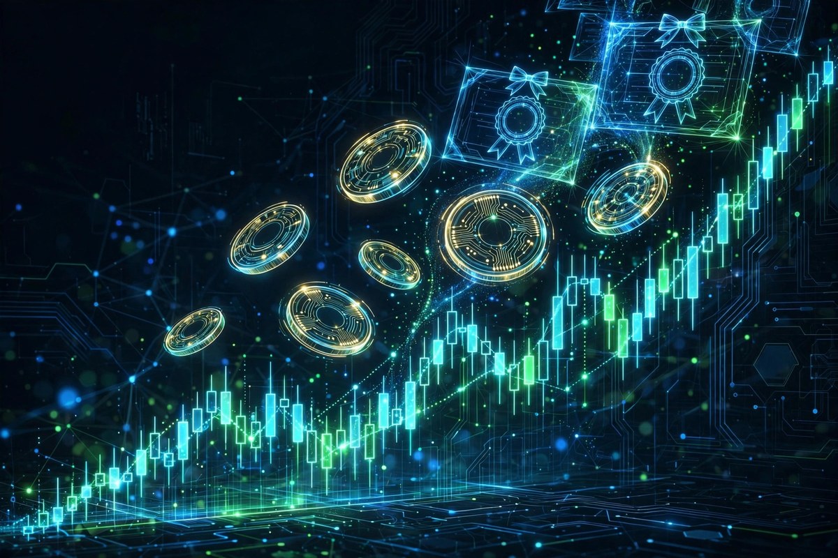 Tokenized stocks concept with digital candlestick chart and floating token coins