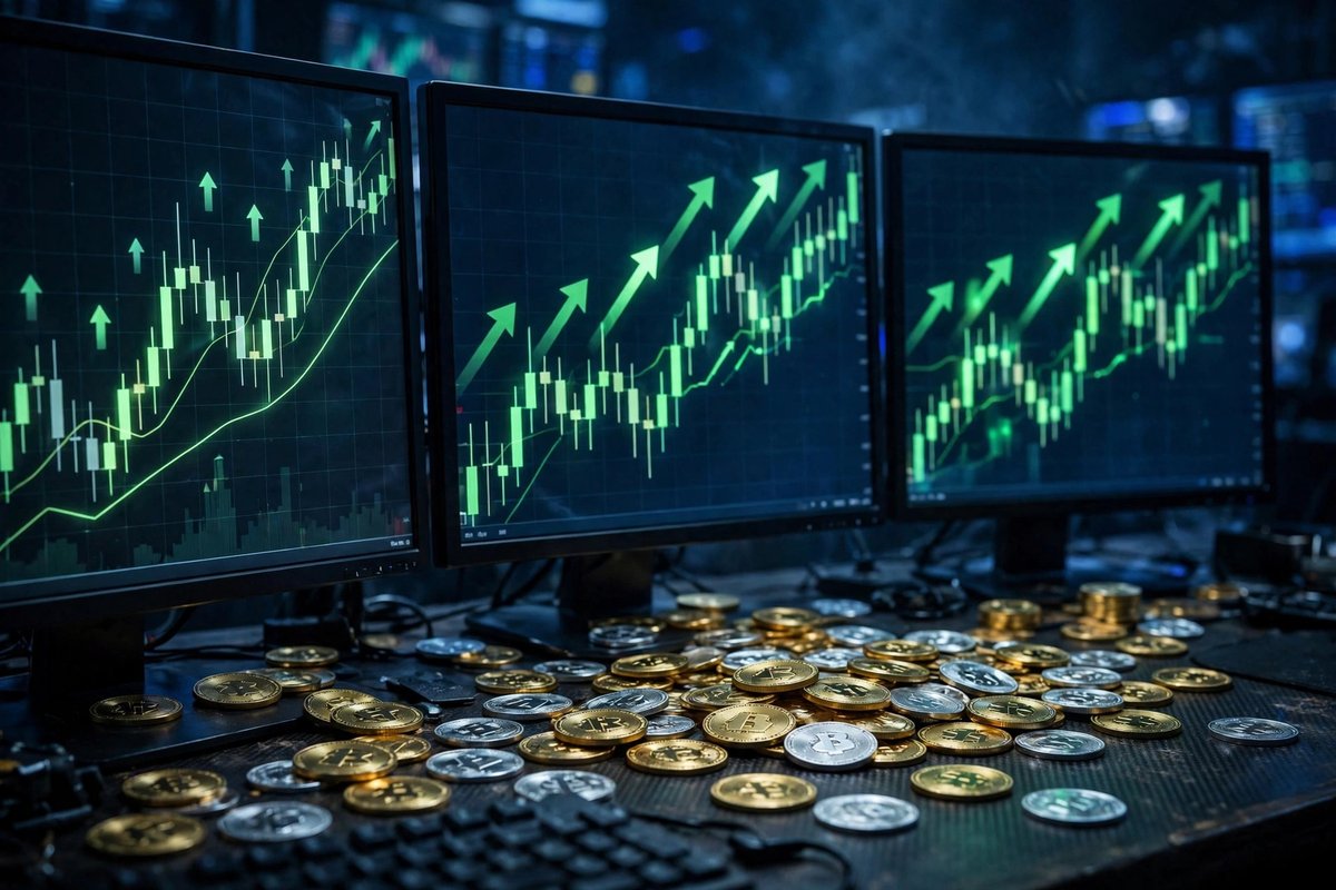 Trading desks with candlestick charts and crypto coins