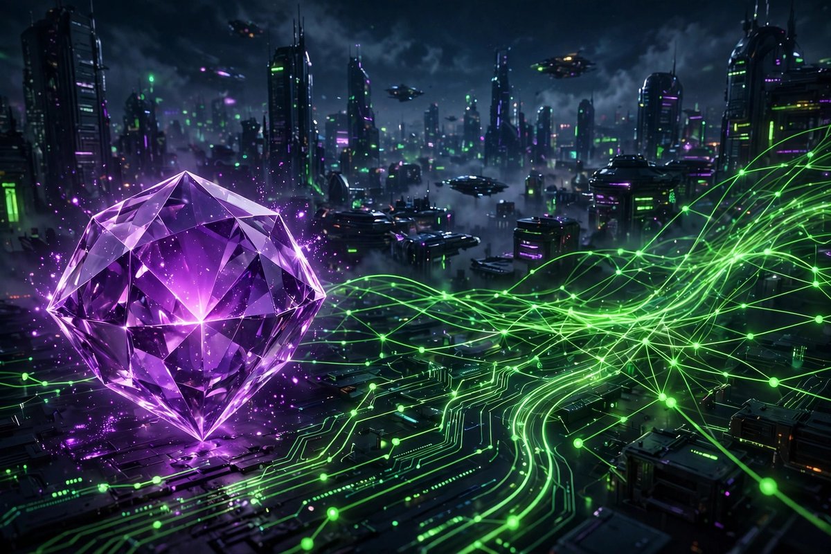 Ethereum diamond crystal and Solana network lines over city skyline