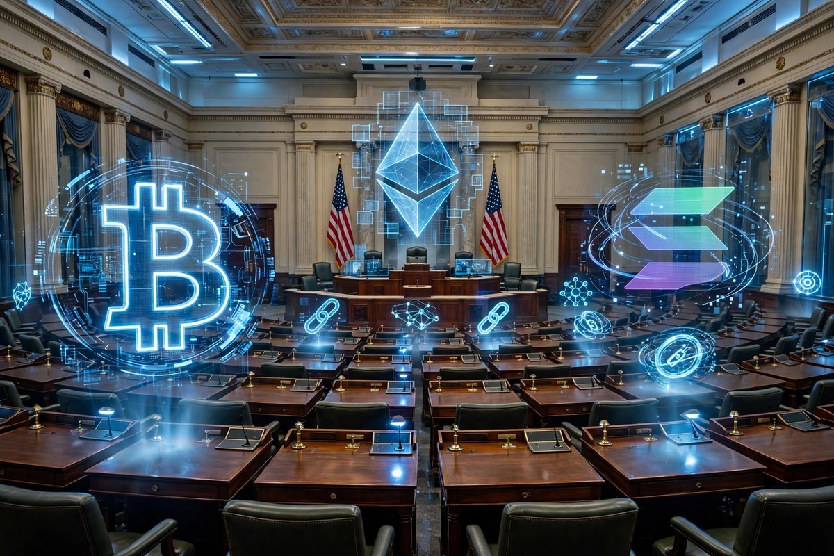 A golden scale of justice balancing a glowing Bitcoin coin between two stone pillars of regulation
