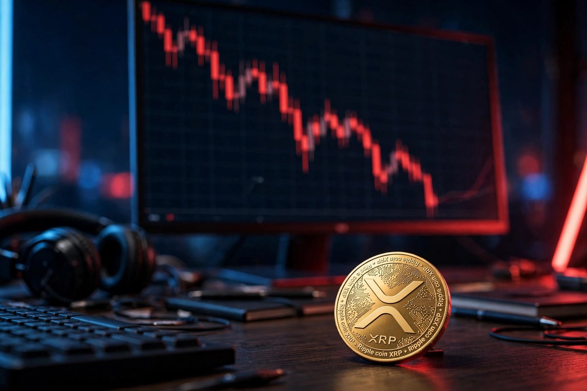 Crypto trader desk with XRP coin and a red declining price chart on a monitor at night