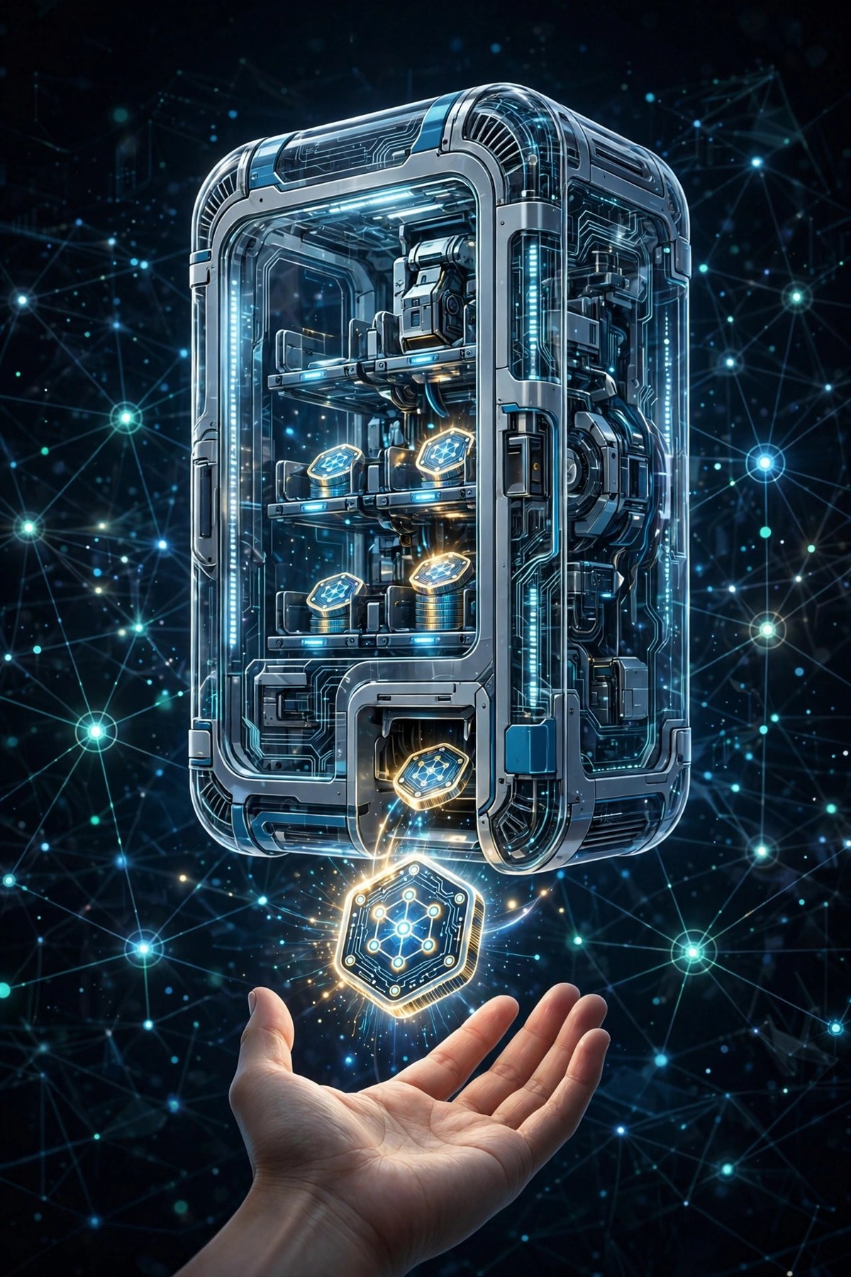 Smart contract vending machine analogy: a futuristic vending machine automatically dispensing a digital token