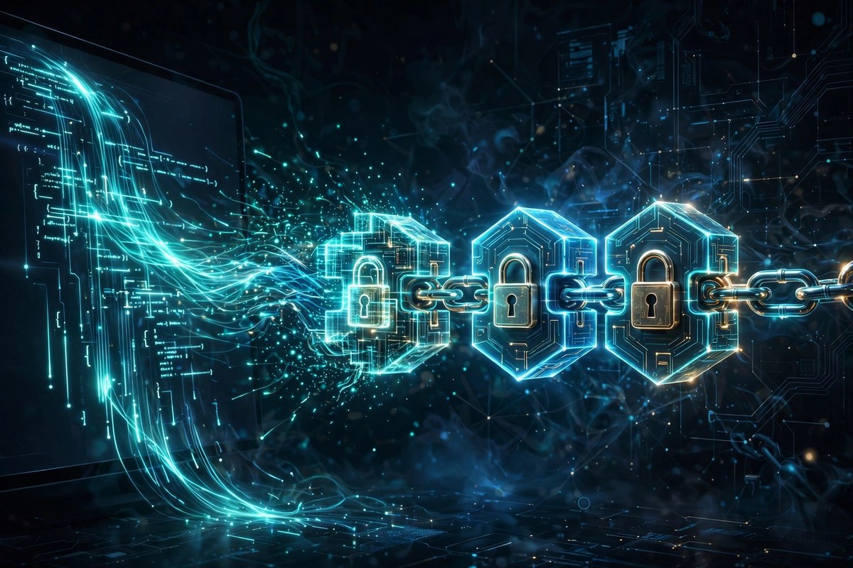 Computer code transforming into locked smart contract blocks on a blockchain
