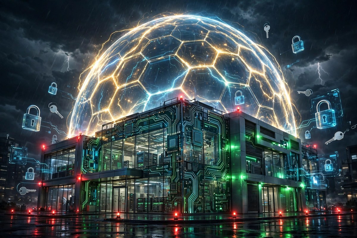 Cryptocurrency exchange security concept with a glowing shield protecting an exchange building