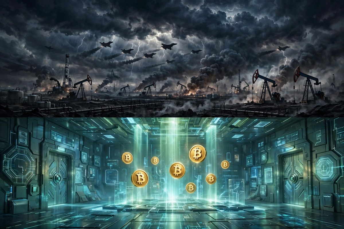 Bitcoin trading screens showing red candles during geopolitical selling pressure