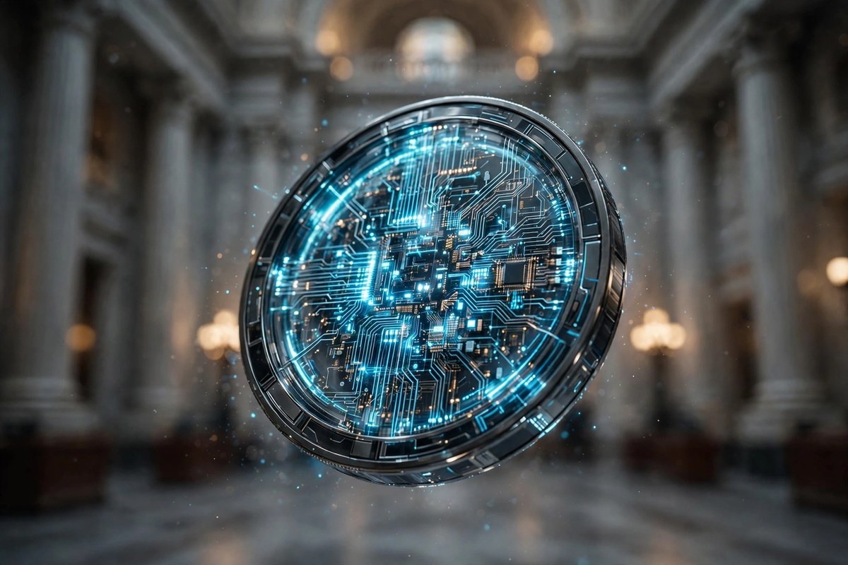 Circle USDC stablecoin in a modern banking hall