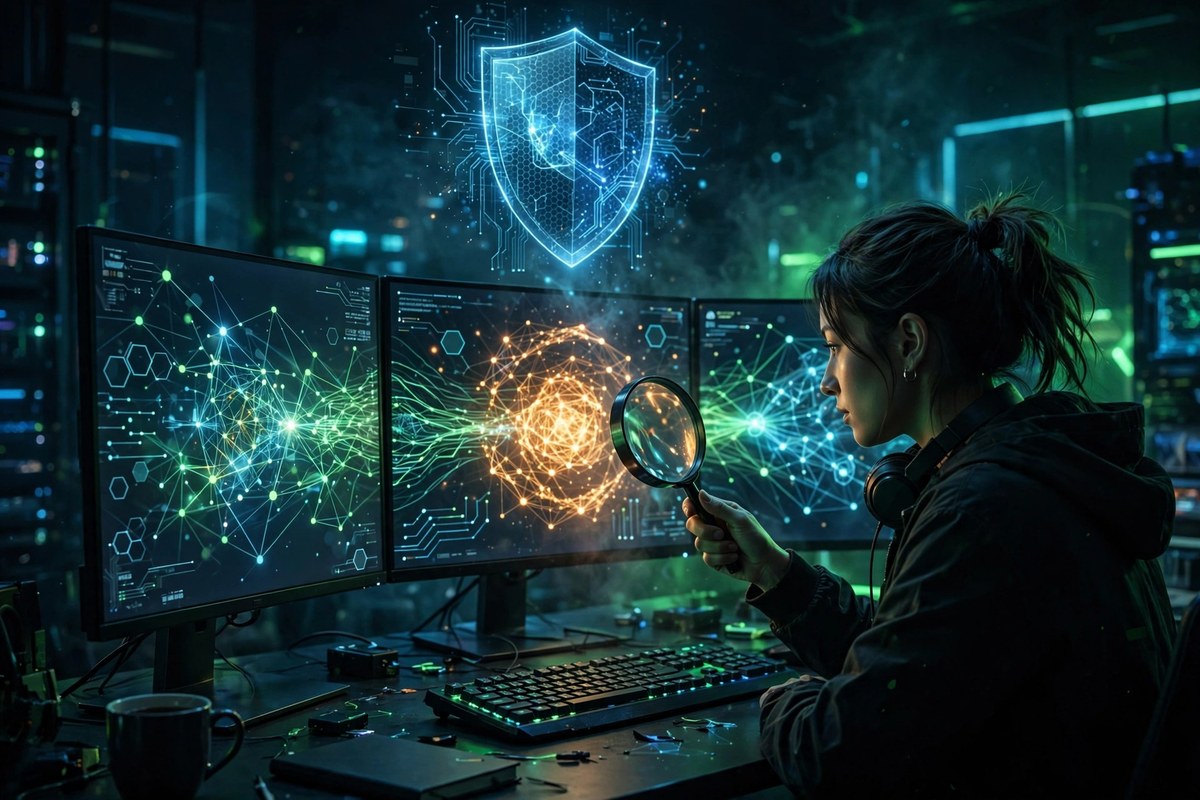 Security researcher auditing blockchain smart contract code