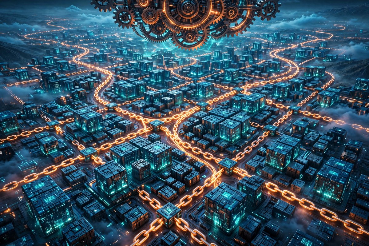 Futuristic digital city of interconnected blockchain blocks representing Ethereum's upgrade roadmap