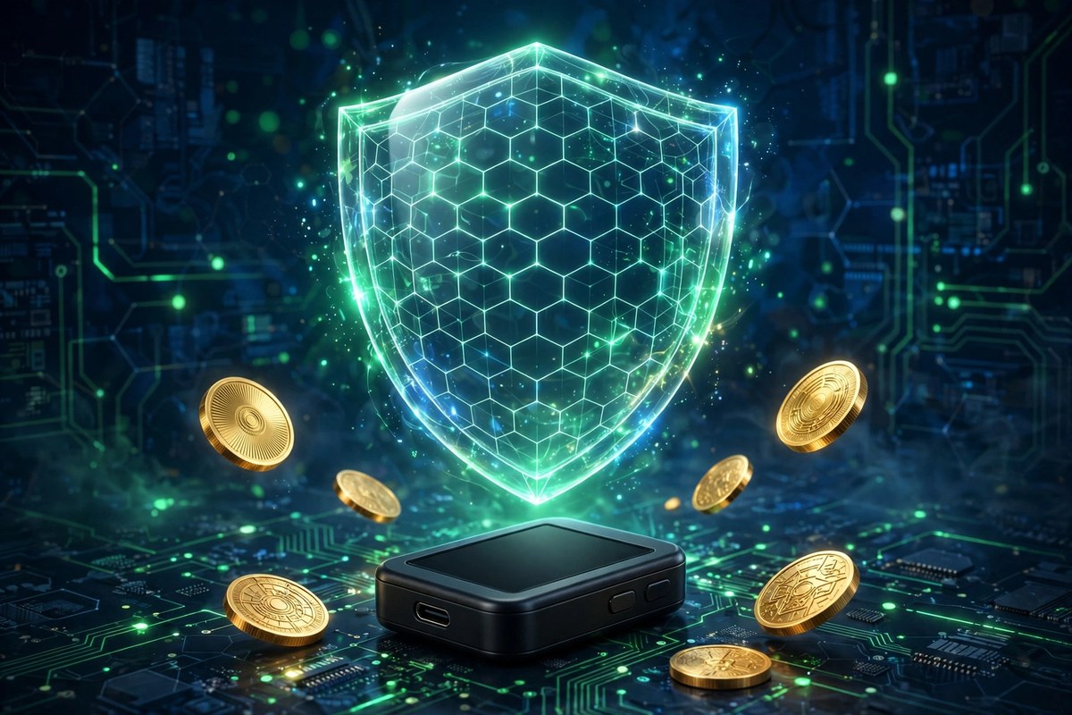 Shield over hardware wallet illustrating crypto self-custody protection