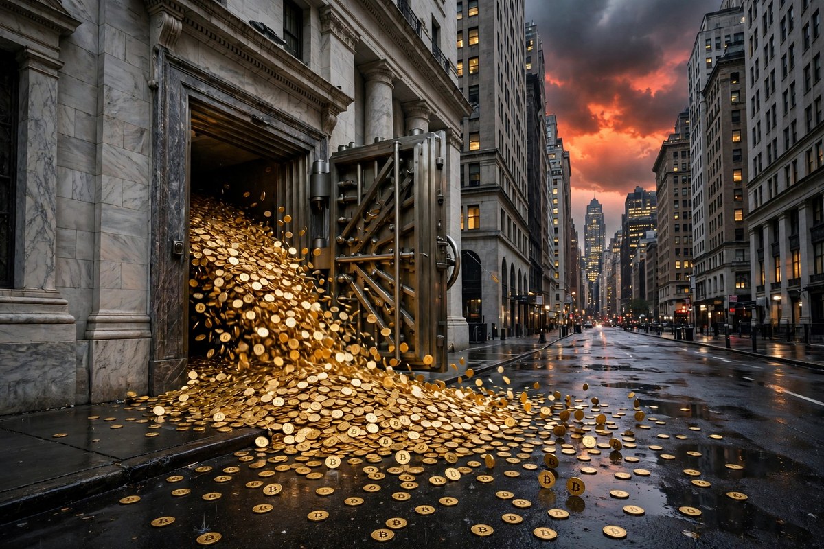 Bitcoin vault with coins flowing out, Wall Street at dusk