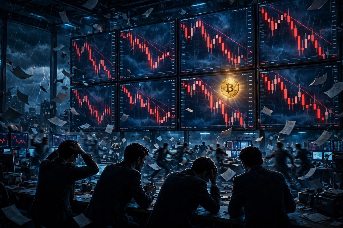 Chaotic stock market trading floor with red crashing charts and a glowing Bitcoin coin
