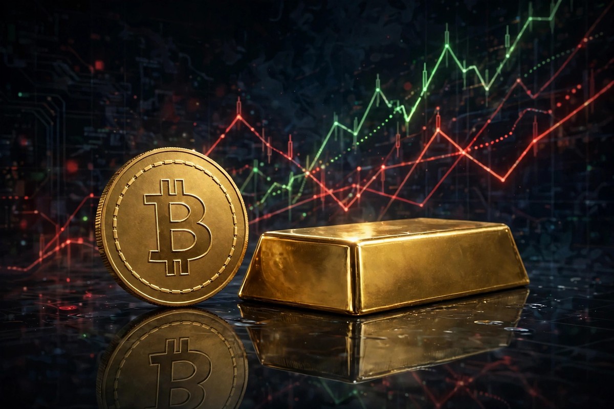 Golden Bitcoin coin and gold bar side by side, symbolizing the safe-haven debate