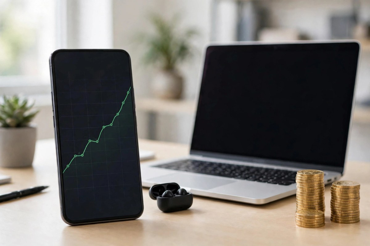 Investor reviewing a Bitcoin ETF investment on a smartphone and laptop