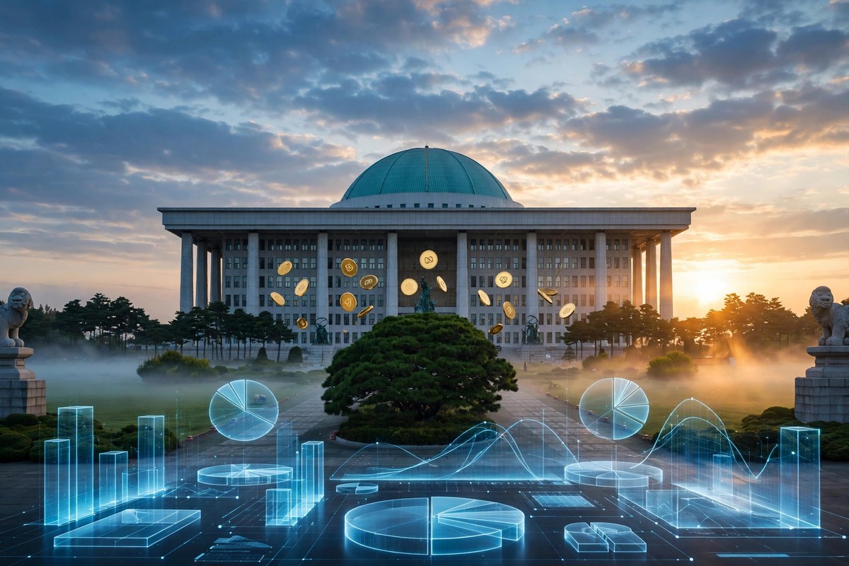 South Korea's National Assembly with crypto tax documents and rising market charts
