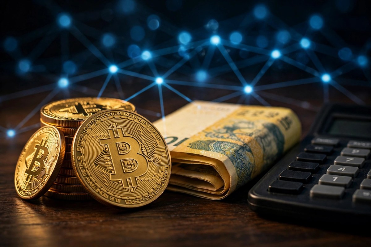 Bitcoin coins and Korean won banknotes representing crypto taxation