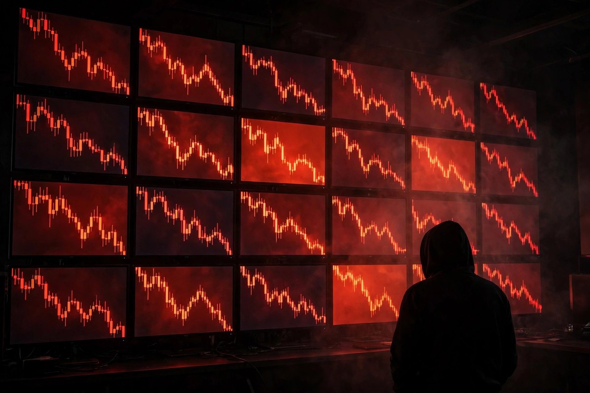 Trading monitors showing liquidations during crypto market selloff