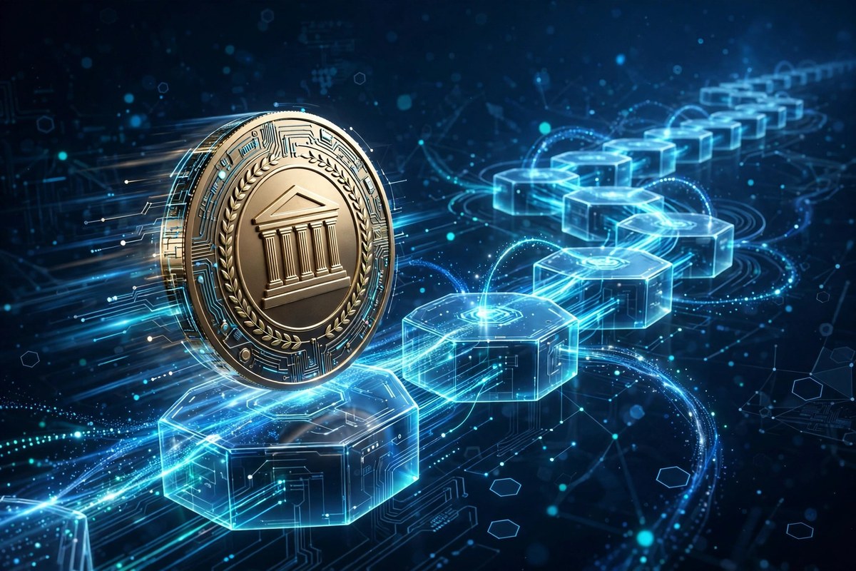 JPM Coin digital dollar traveling along a glowing Ethereum blockchain network
