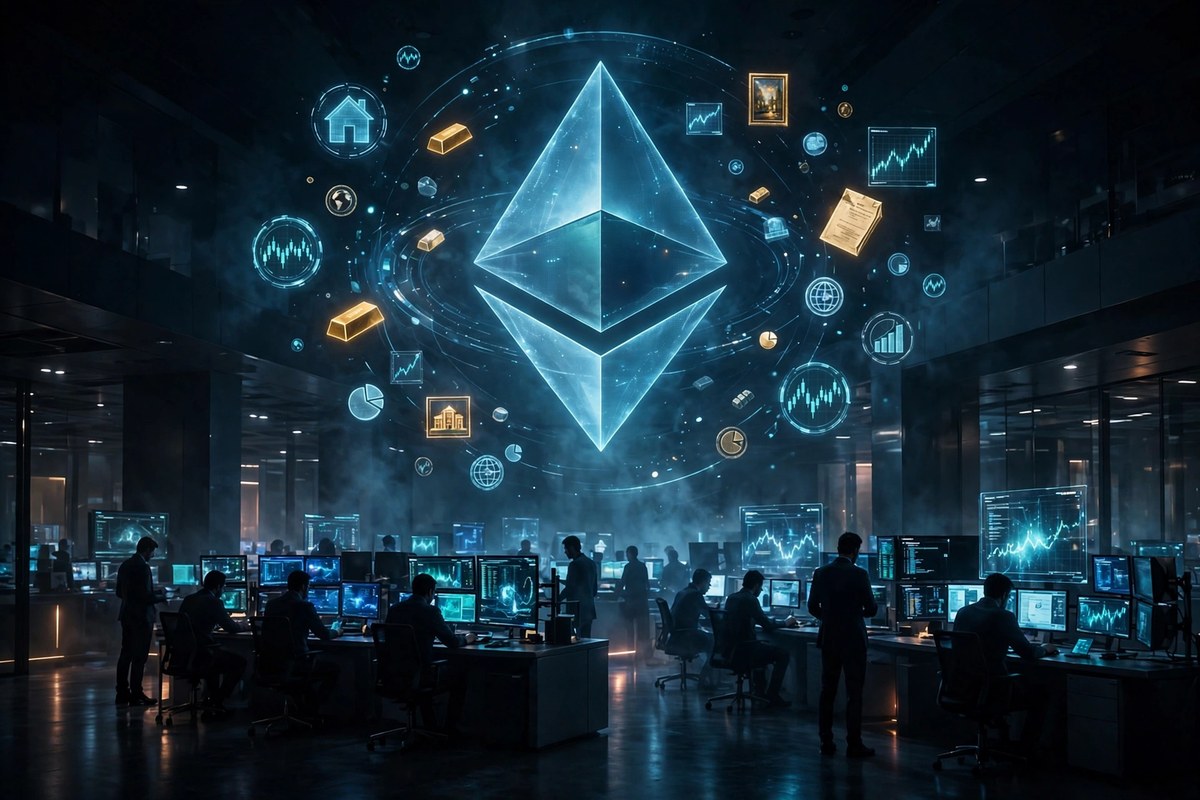 Institutional trading desks under an Ethereum hologram as tokenized assets orbit the network