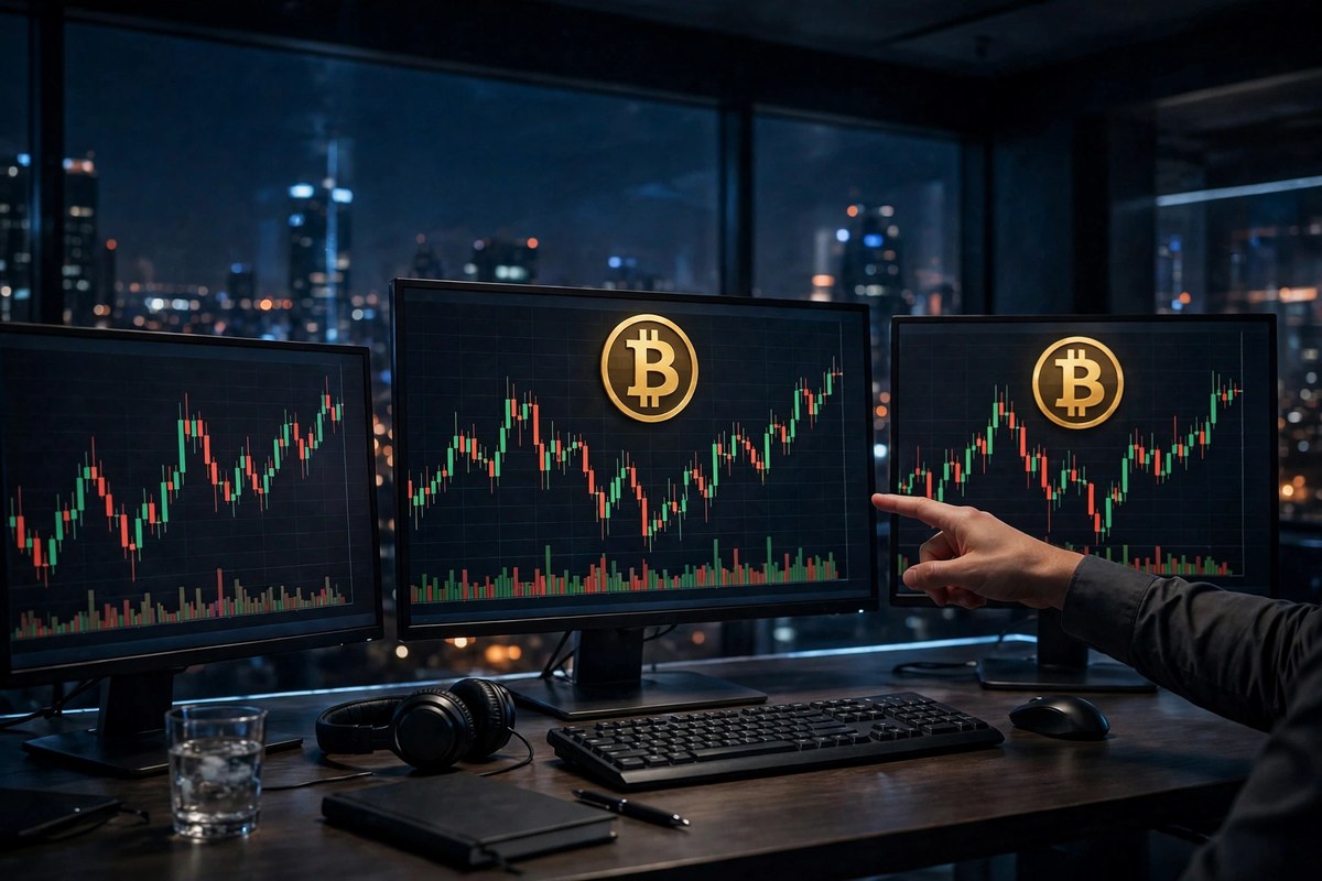 Trader watching Bitcoin charts as AI stocks sell off