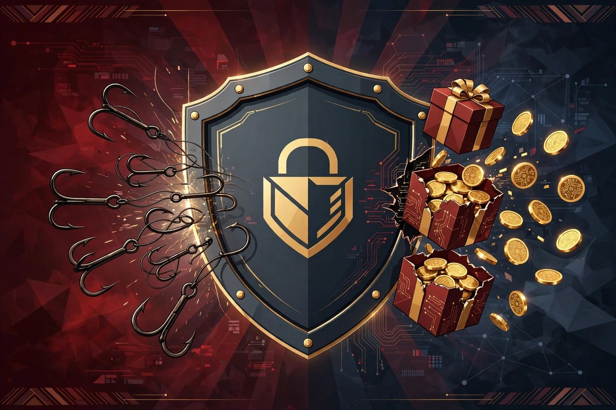 Security shield blocking phishing hooks and fake airdrop scams