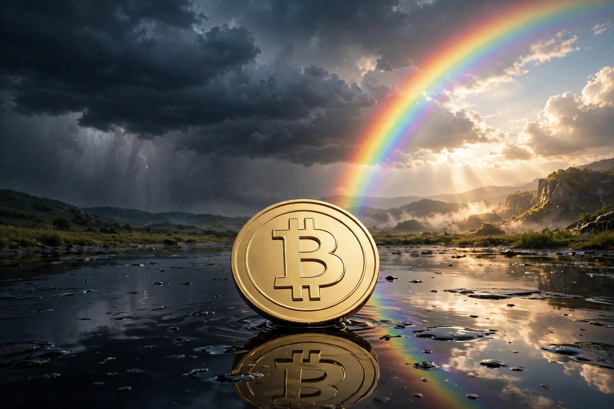 Bitcoin coin with stormy sky turning into a rainbow