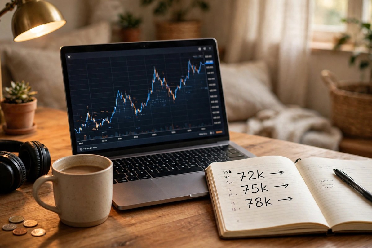 Investor planning Bitcoin profit targets on a laptop with price charts