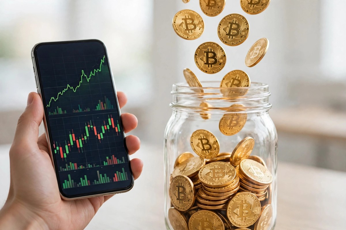 Bitcoin coins being saved into a jar as part of a profit-taking plan
