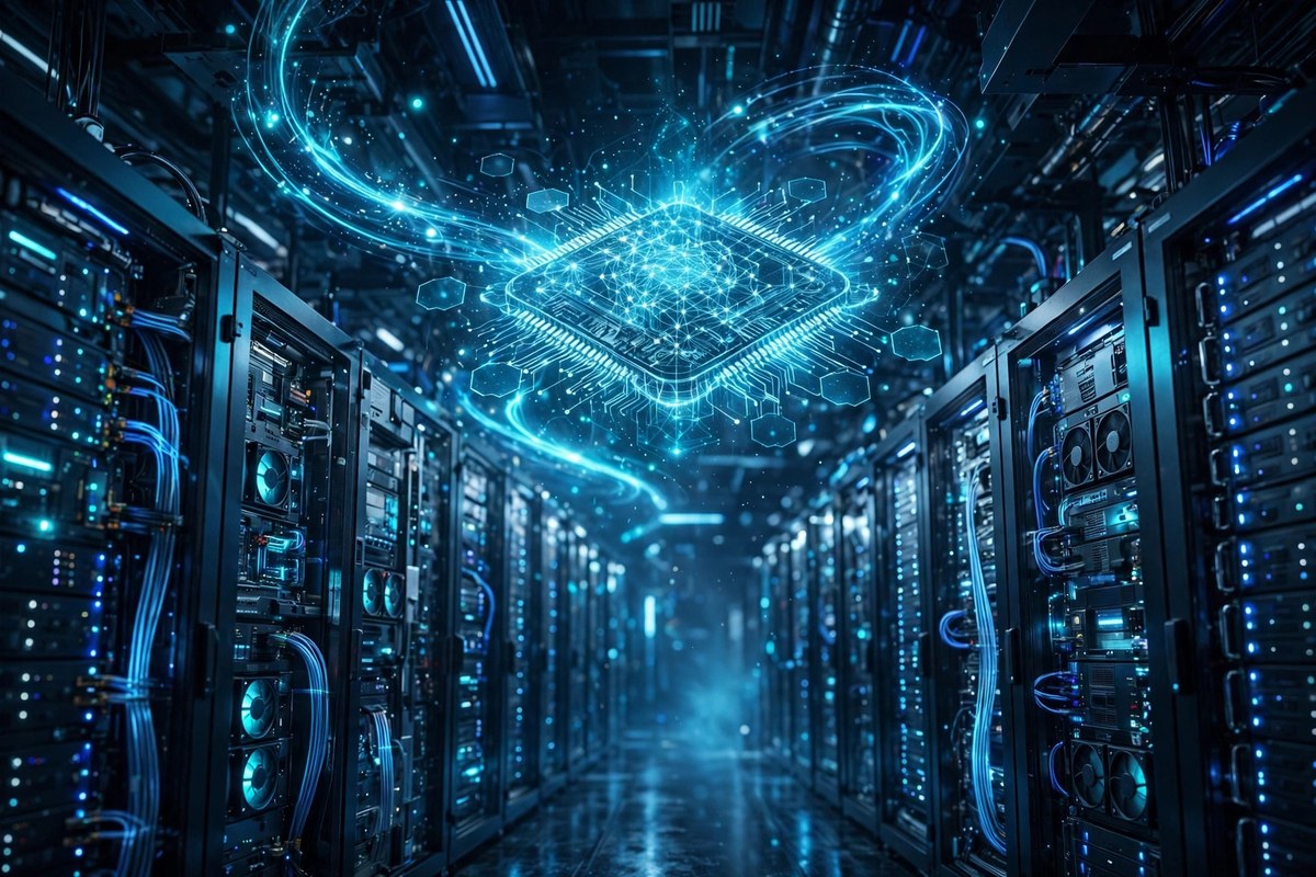 Futuristic AI data center with glowing server racks