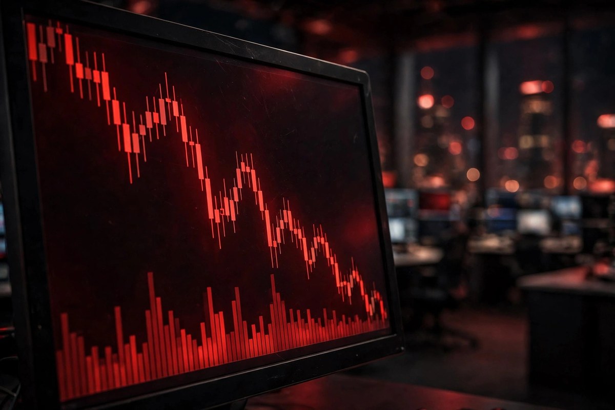 Red candlestick charts falling on a trading monitor