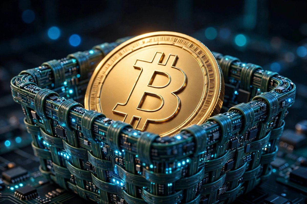 Golden Bitcoin coin in a shopping basket of circuit boards — buying the crypto dip