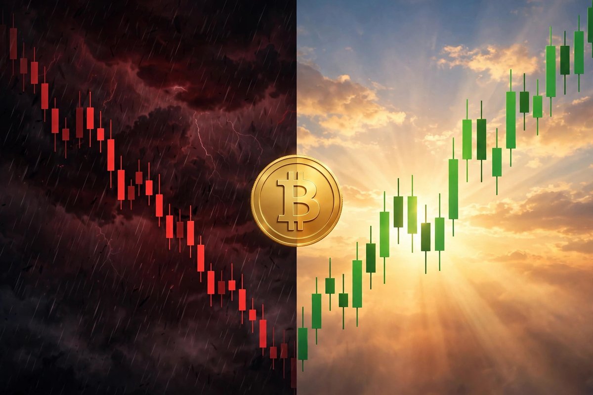 Bitcoin at the divide between falling red candles and rising green candles — the buy-the-dip decision