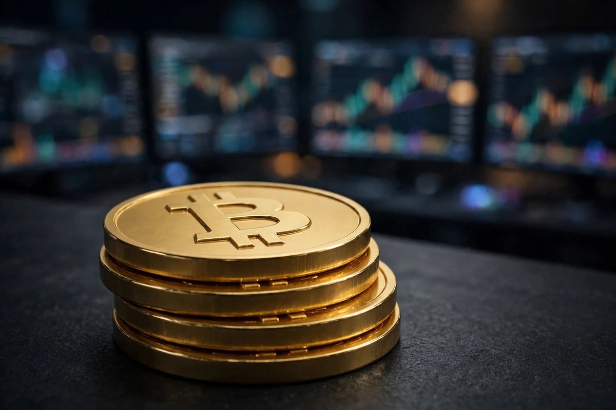 Physical Bitcoin coins on a trading desk