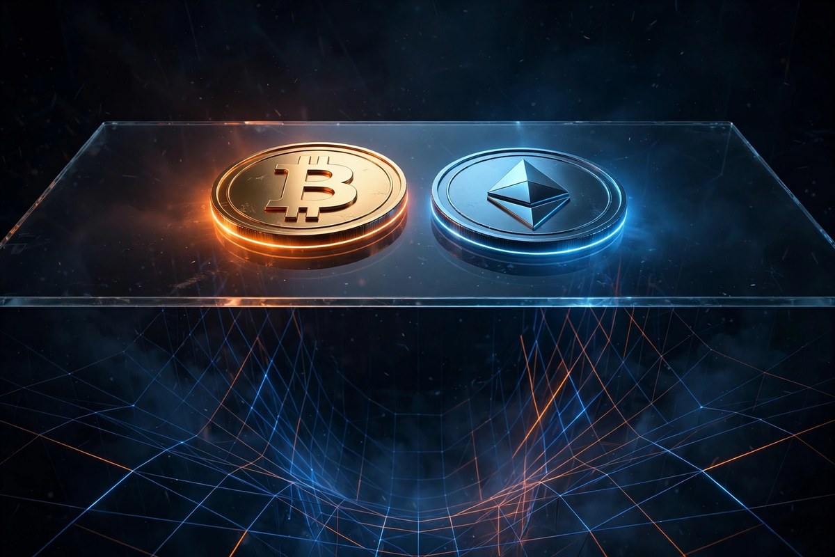 Bitcoin and Ethereum coins resting on a glass floor above a safety net