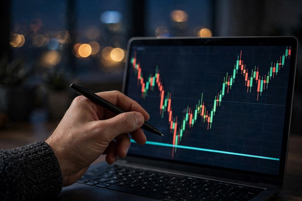 Crypto trader analyzing a candlestick chart bouncing off a support line