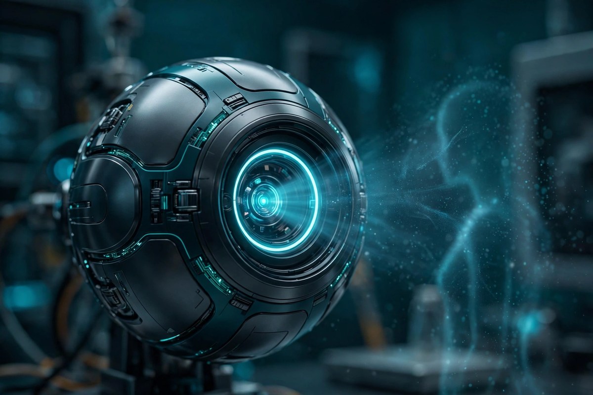 Futuristic biometric orb device scanning a human silhouette