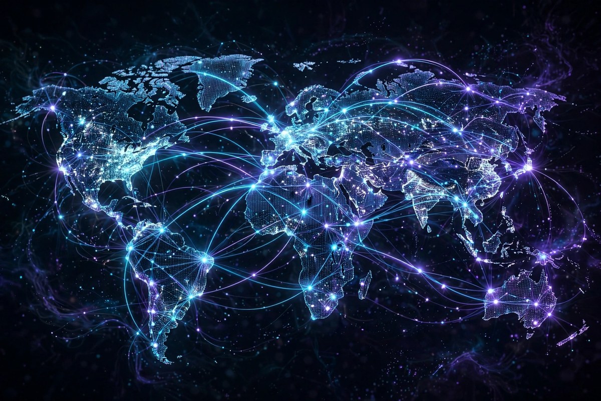 AI agent nodes connected across a digital world map