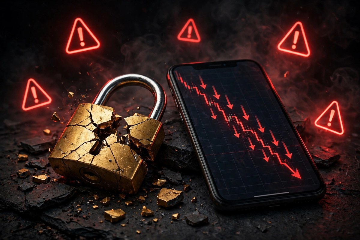 Crypto scam warning signs, broken padlock and crashing price chart