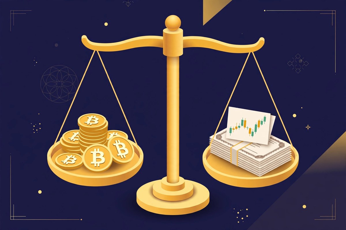 Balance scale weighing Bitcoin against stocks