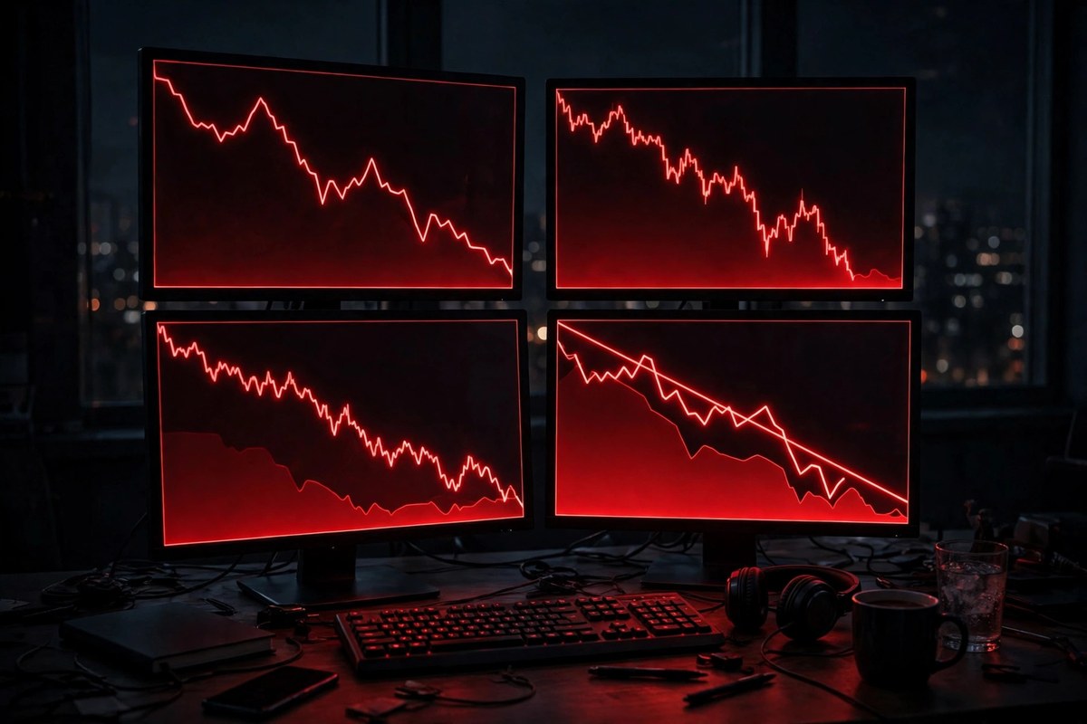 Trader monitors showing red falling crypto charts
