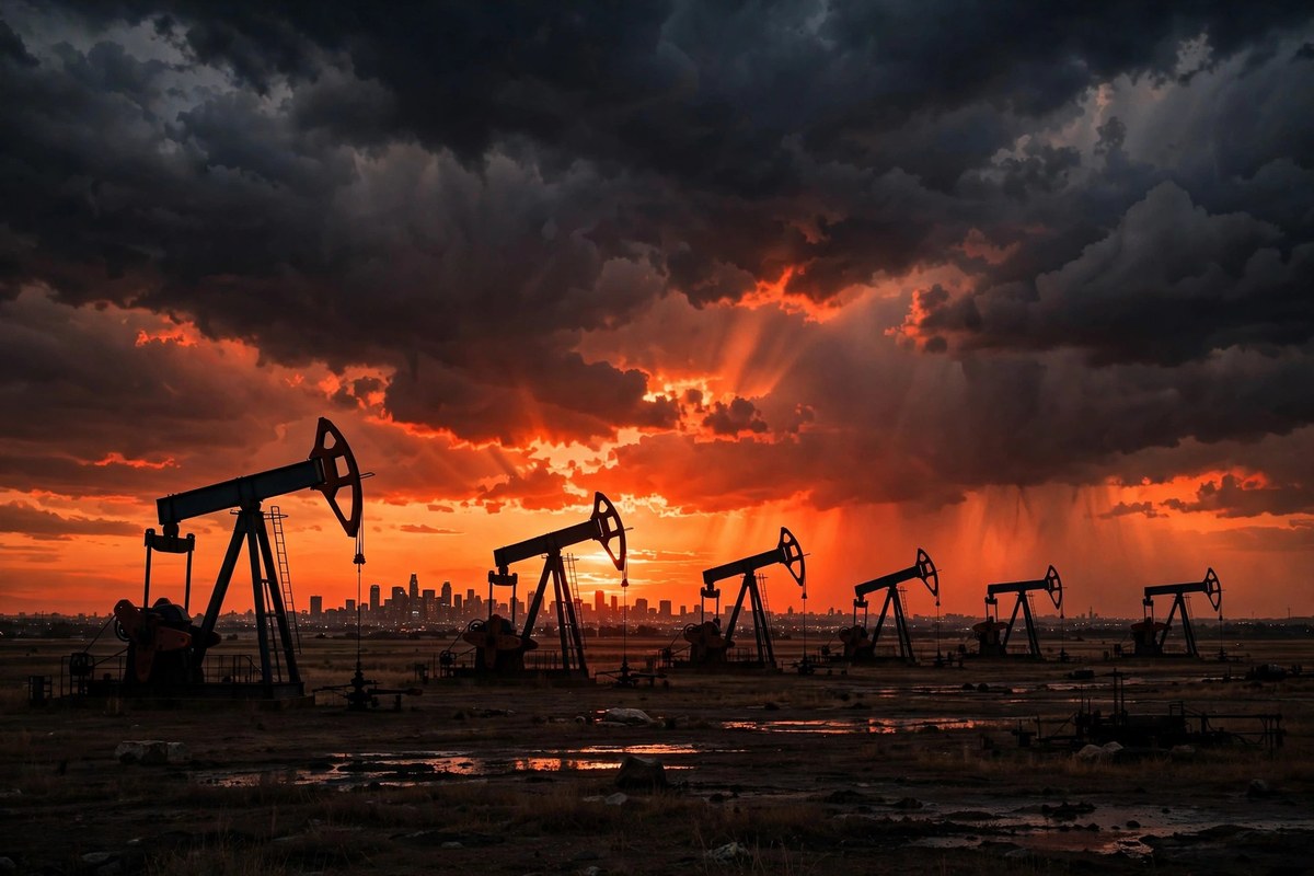 Oil pumpjacks against a stormy sunset sky