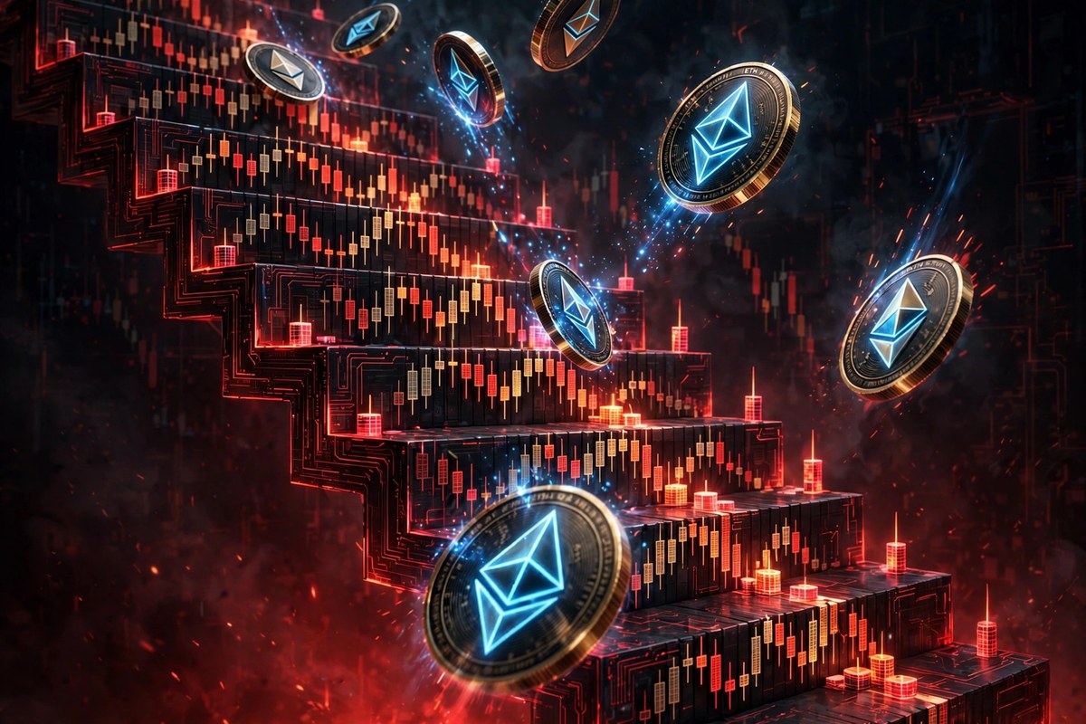 Ethereum coins tumbling down a falling chart